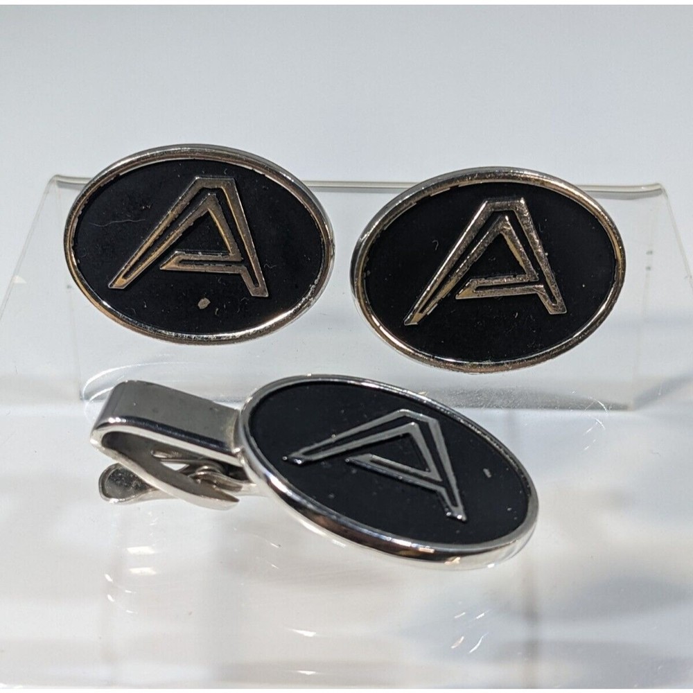 VINTAGE ESTATE HICKOK USA SILVER TONE INITIAL A CUFF LINKS AND TIE CLIP SET LOT - Picture 2 of 5